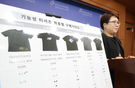 한은주 소비자원 화학섬유팀장이 26일 정부세종청사 공정거래위원회에서 기능성 티셔츠 시험·평가 결과를 공개하고 있다.  연합뉴스
